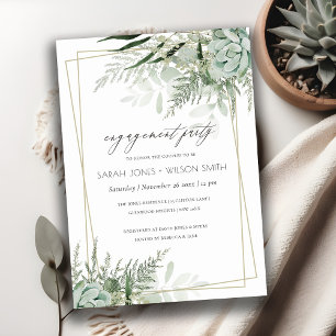 Leafy Green Fern Succulent Frame Engagement Invite