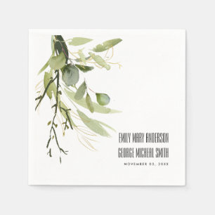 LEAFY GREEN GOLD FOLIAGE BUNCH WATERCOLOR WEDDING NAPKIN
