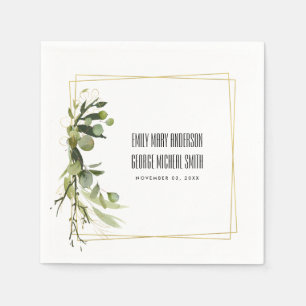 LEAFY GREEN GOLD FOLIAGE WREATH WATERCOLOR WEDDING NAPKIN
