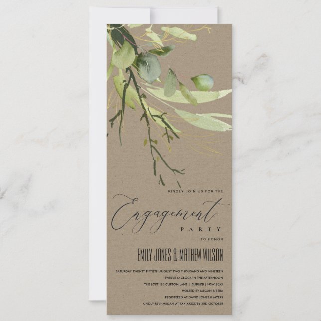 LEAFY GREEN KRAFT FOLIAGE WATERCOLOR ENGAGEMENT INVITATION (Front)