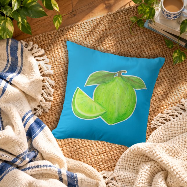 Leafy Green Lime with Bright Blue Citrus Pattern Cushion (Creator Uploaded)
