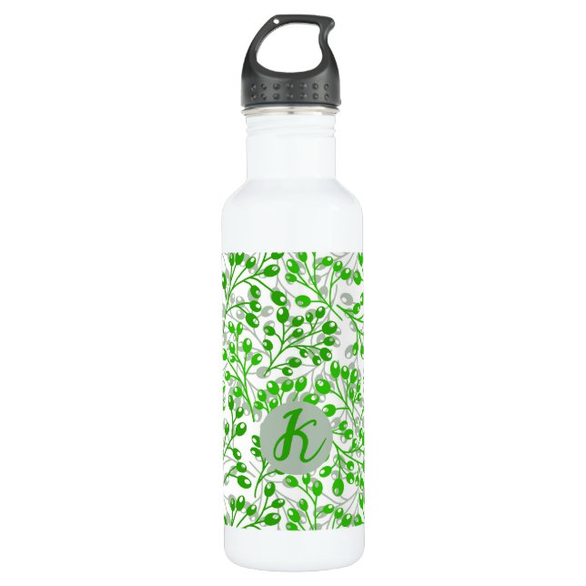 Leafy Green Pattern Modern Elegant Monogrammed 710 Ml Water Bottle (Front)