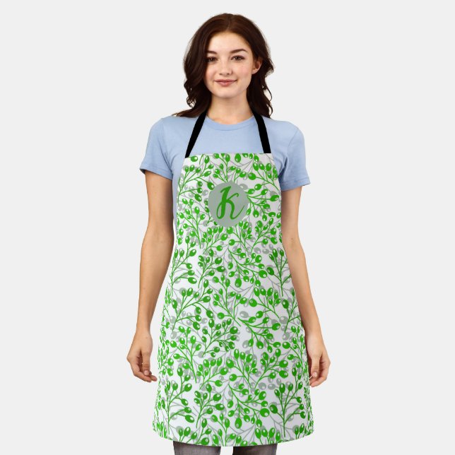 Leafy Green Pattern Modern Elegant Monogrammed Apron (Worn)