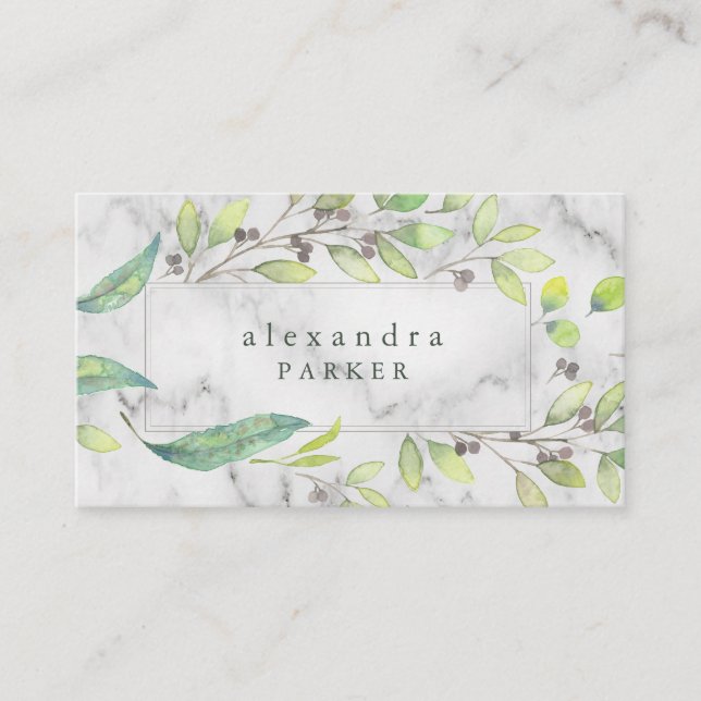 Leafy Green | Trendy Watercolor on Marble Business Card (Front)