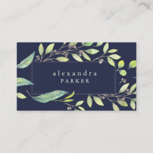 Leafy Green Trendy Watercolor on Midnight Blue Business Card