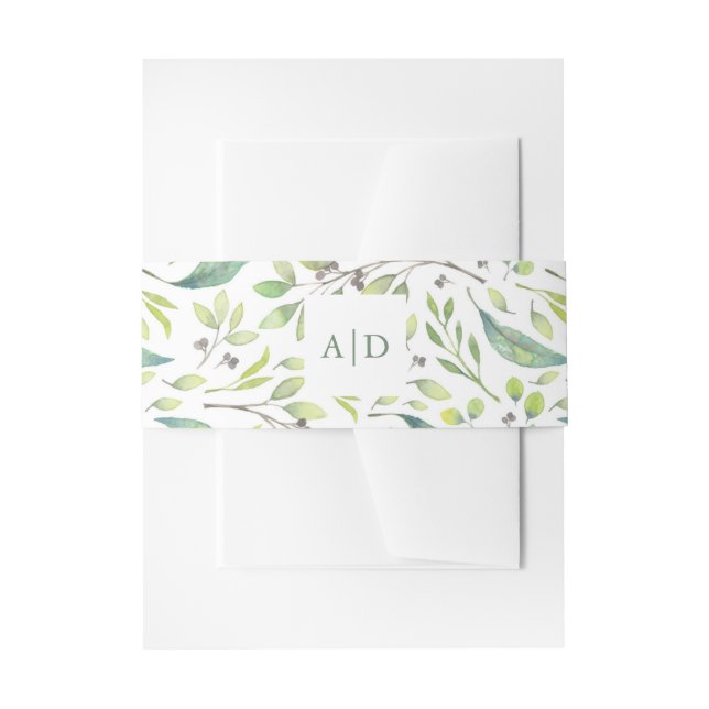 Leafy Green | Trendy Watercolor Wedding Monograms Invitation Belly Band (Front Example)