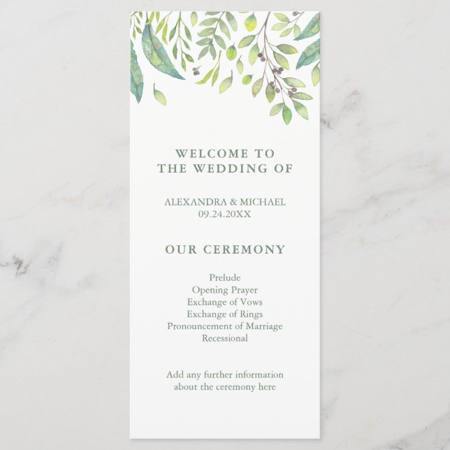 Leafy Green | Trendy Watercolor Wedding Program Programme (Front)