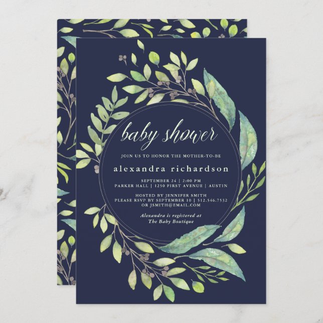 Leafy Green Watercolor Baby Shower Dark Blue Invitation (Front/Back)