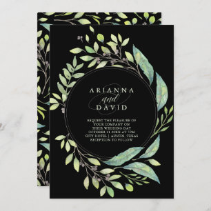 Leafy Green Watercolor Frame Wedding   Black Invitation