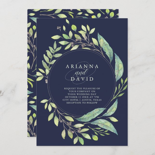 Leafy Green Watercolor Frame Wedding | Dark Blue Invitation (Front/Back)