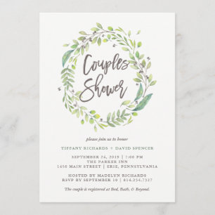 Leafy Green Watercolor Wreath Couples Shower Invitation