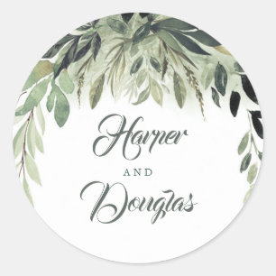 Leafy Greenery Elegant Wedding Classic Round Sticker
