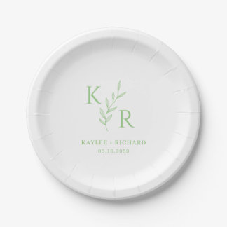 Leafy Initials Wedding Rehearsal Engagement Party Paper Plate