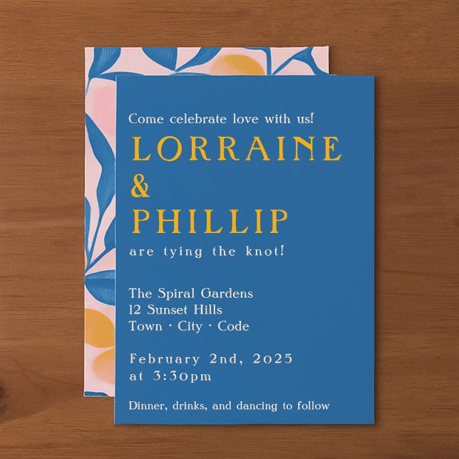 Leafy Lithograph Bold Blue yellow and pink wedding Invitation (Leafy Lithograph Bold Blue yellow and pink wedding Invitation)