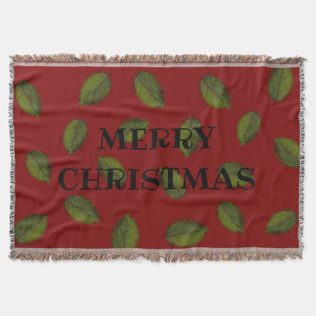 Leafy, "MERRY CHRISTMAS" Red Throw Blanket (Front)