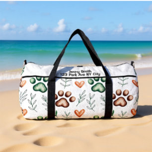 Leafy Paw Print Pet Travel Monogram Personalise Duffle Bag