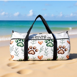 Leafy Paw Print Pet Travel Monogram Personalise Duffle Bag