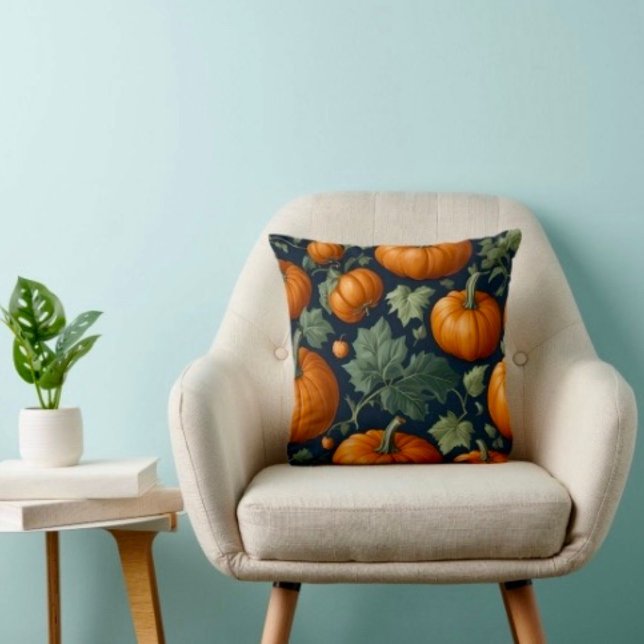 Leafy Pumpkin Patch Cushion (Throw Pillow 100% polyester heavyweight stretch material. Hidden zipper Made in the USA.
)