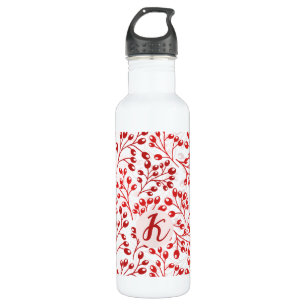 Leafy Red Pattern Modern Elegant Monogrammed 710 Ml Water Bottle