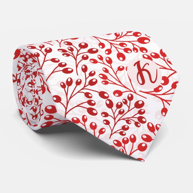 Leafy Red Pattern Modern Elegant Monogrammed Tie (Rolled)