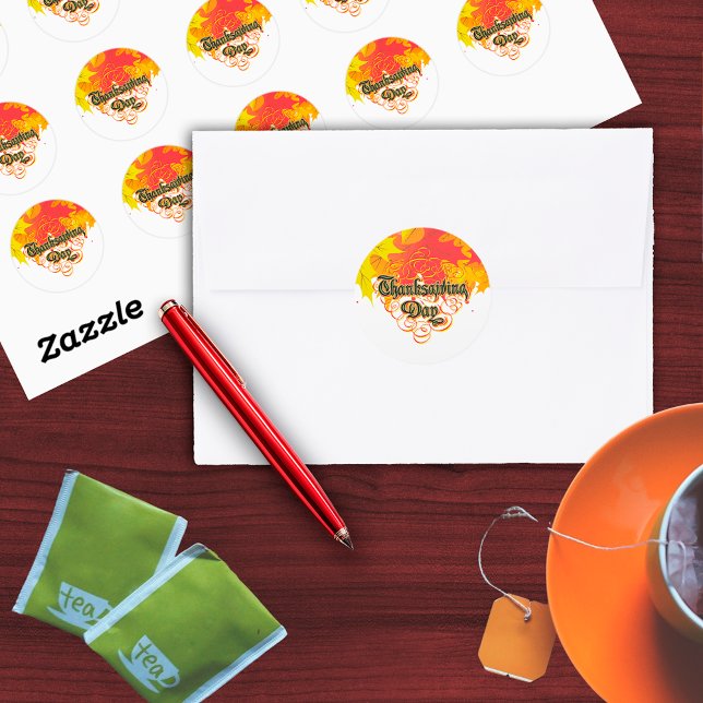 Leafy Typographic Thanksgiving Day Words  Classic Round Sticker (Creator Uploaded)