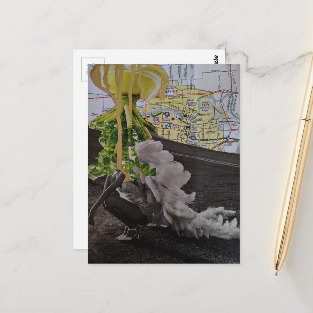 Leafy UFO Comes For Her Mixed Media Collage Postcard (Front/Back In Situ)