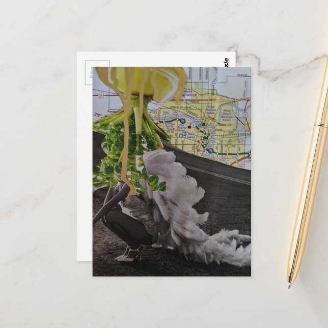 Leafy UFO Comes For Her Mixed Media Collage Postcard (Front/Back In Situ)