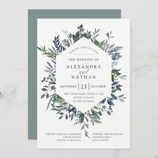Leafy Watercolor Frame | Wedding Invitation (Front/Back)