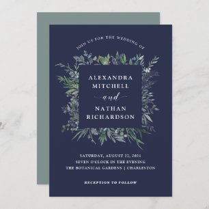 Leafy Watercolor   Midnight Blue Wedding Invitation