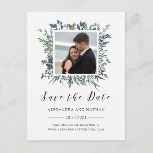 Leafy Watercolor   Save the Date with Photo Announcement Postcard