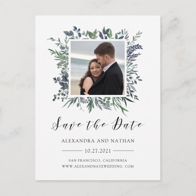 Leafy Watercolor | Save the Date with Photo Announcement Postcard (Front)