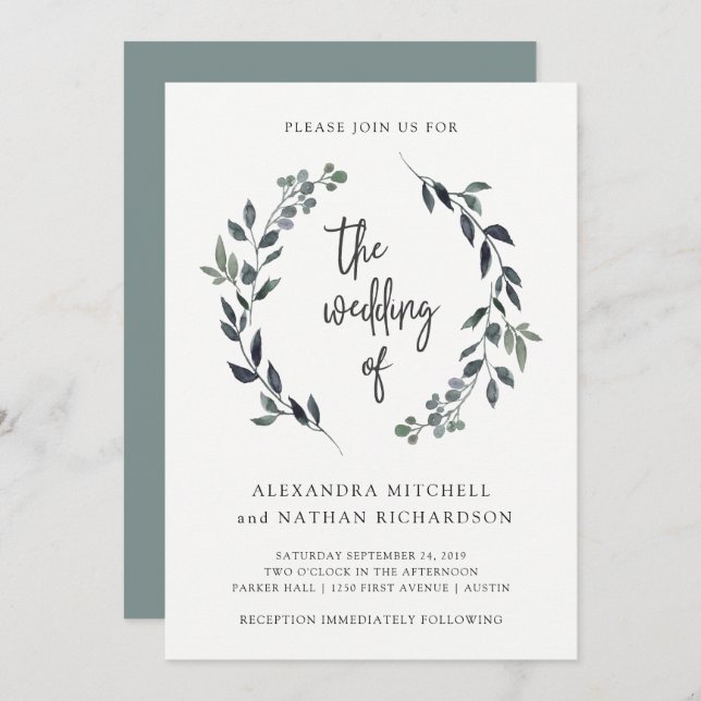 Leafy Watercolor Wreath | Wedding Invitation (Front/Back)