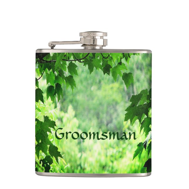 Leafy Wedding Groomsman Hip Flask (Front)
