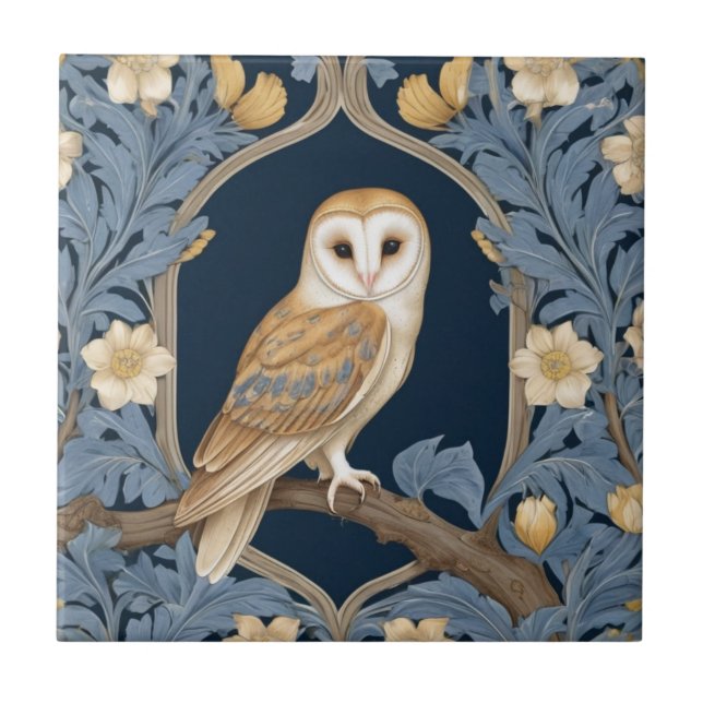 Leafy William Morris style Right facing Barn Owl Tile (Front)