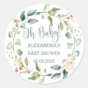 Leafy wreath Baby Shower Classic Round Sticker