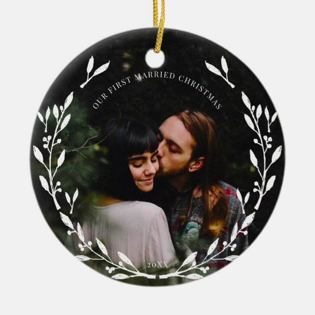 Leafy Wreath First Married Christmas Ceramic Tree Decoration (Front)
