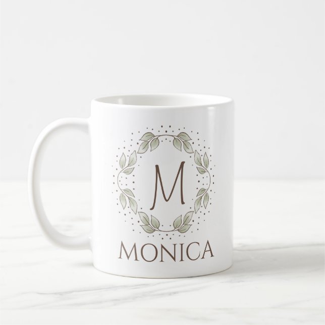 Leafy Wreath With Monogram And Name Coffee Mug (Left)