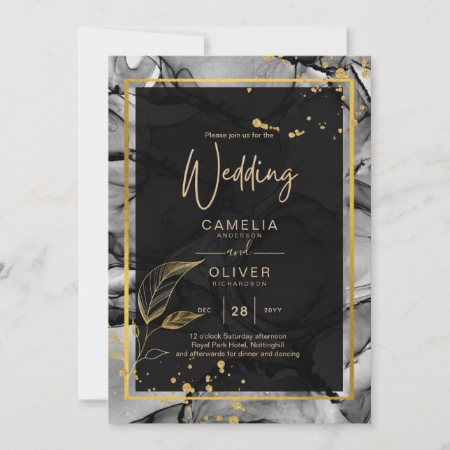 LeahG® Black Gold Alcohol Ink Wedding INVITE (Front)