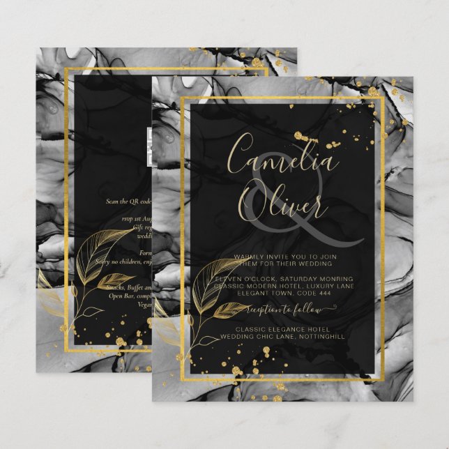 LeahG® Black Gold Alcohol Ink Wedding INVITE (Front/Back)