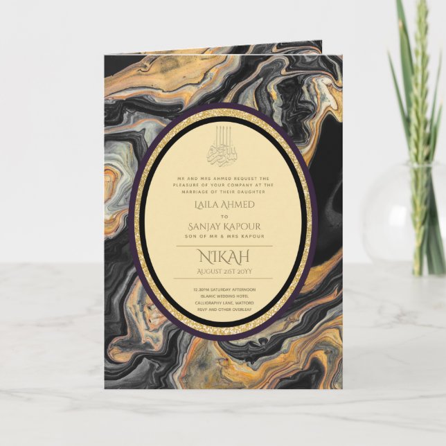 LeahG Black Gold Islamic Muslim Wedding Invites (Front)