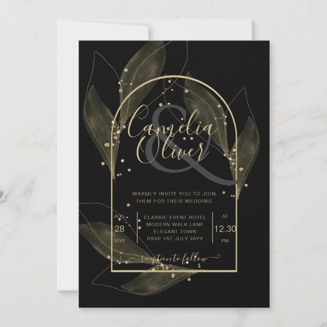 LeahG Black Gold Leaves Modern Wedding INVITE (Front)