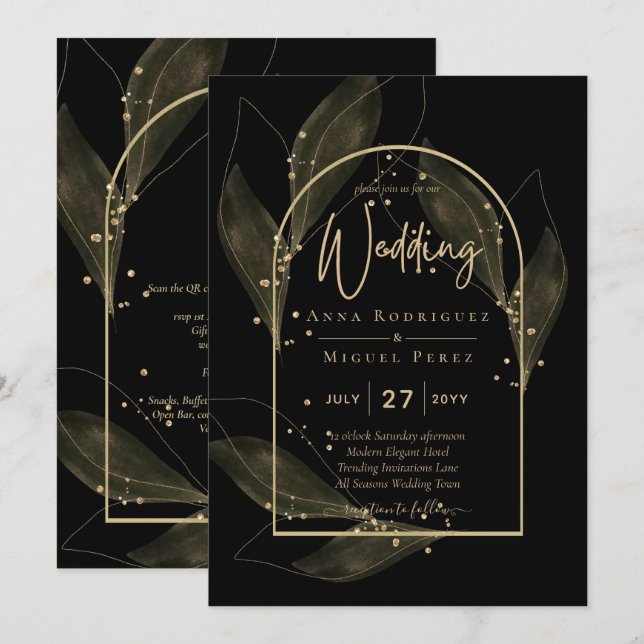 LeahG Black Gold Leaves Modern Wedding INVITE (Front/Back)