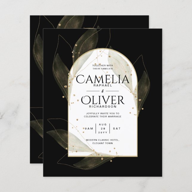 LeahG Black Gold Leaves Modern Wedding INVITE (Front/Back)