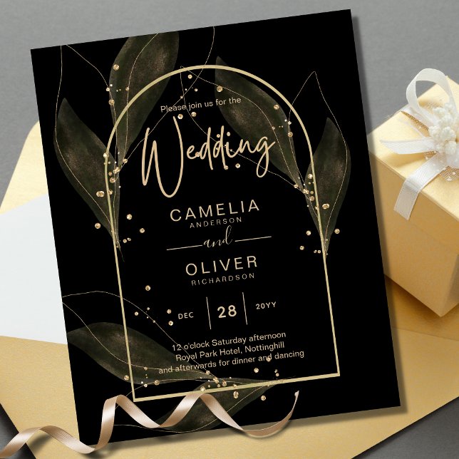 LeahG Black Gold Leaves Modern Wedding INVITE (Creator Uploaded)