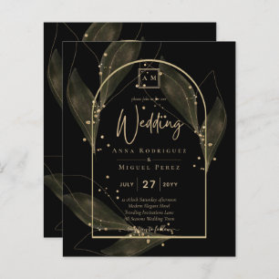 LeahG Black Gold Leaves Modern Wedding INVITE