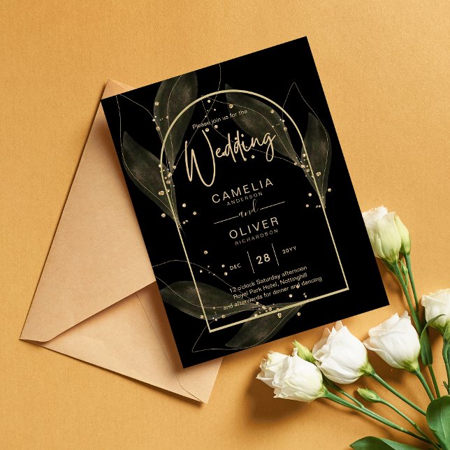 LeahG Black Gold Leaves Modern Wedding INVITE Flyer (Creator Uploaded)