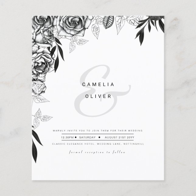 LeahG Black White Roses  Wedding Budget INVITE Flyer (Front)
