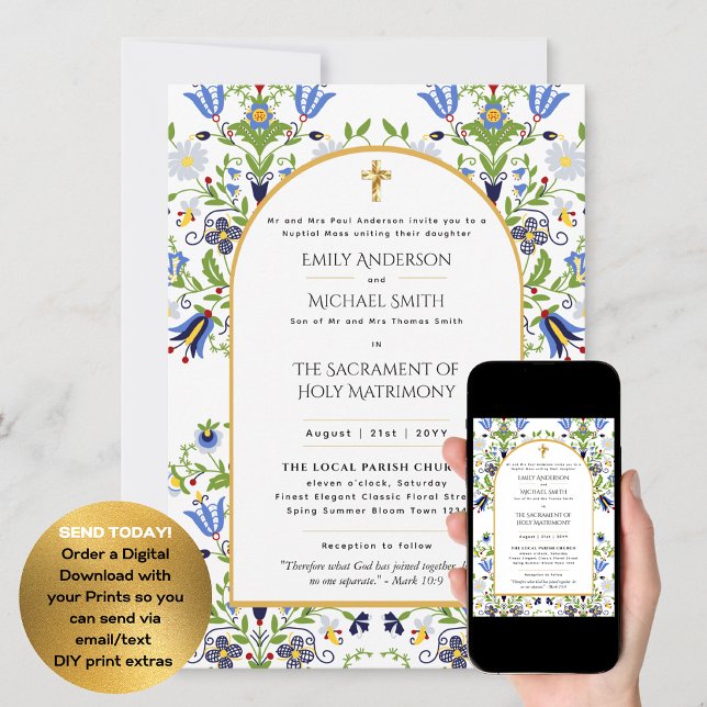 LeahG Blue Floral Catholic Wedding Nuptial Mass Invitation (Creator Uploaded)