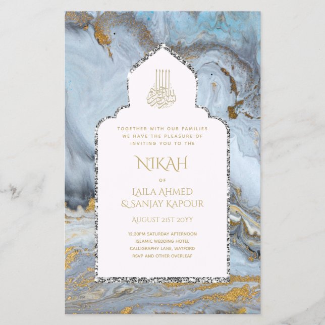 LeahG Blue Islamic Muslim Wedding Invites Nikah Flyer (Front)