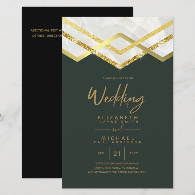 LeahG Budget DECO Silver Gold Wedding Invite (Front/Back)